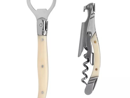 French Home Laguiole Barware Bottle Opener & Corkscrew Set with Faux Ivory Handles in Wood Gift Box Supply