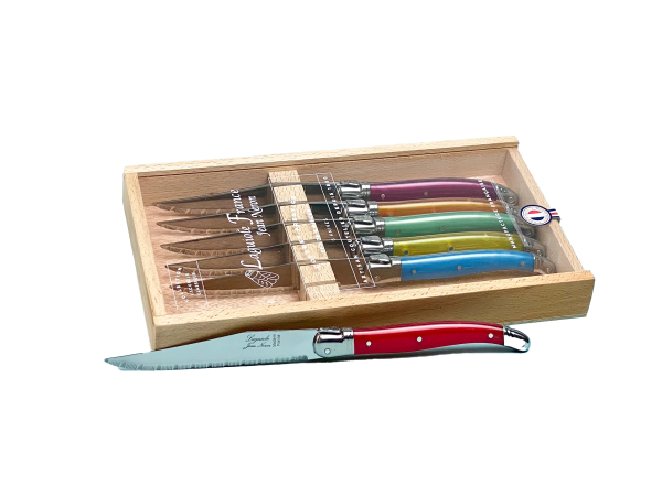 Laguiole Rainbow Stainless Steel Knives In Wooden Presentation Box – Set of 6 Discount